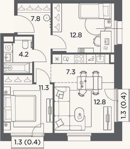 Планировка: 3-к, 56,2 м²