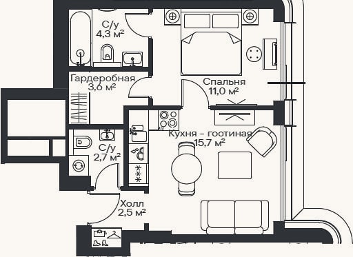 Планировка: 2-к, 39,8 м²