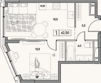 Планировка: 2-к, 42,3 м²