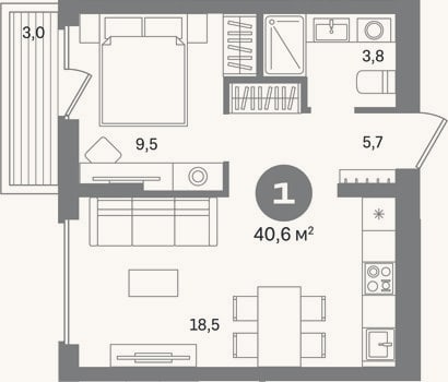 Планировка: 1-к, 37,6 м²