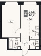 Планировка: 2-к, 46,7 м²