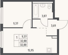 Планировка: 2-к, 32,9 м²