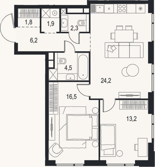 Планировка: 3-к, 70,6 м²
