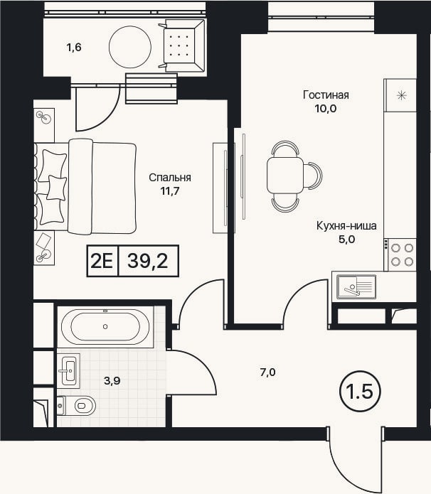 Планировка: 2-к, 37,6 м²