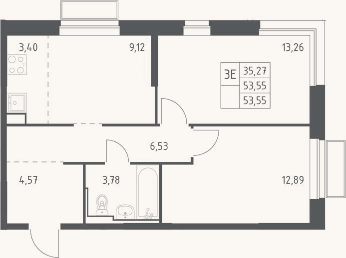 Планировка: 3-к, 53,6 м²
