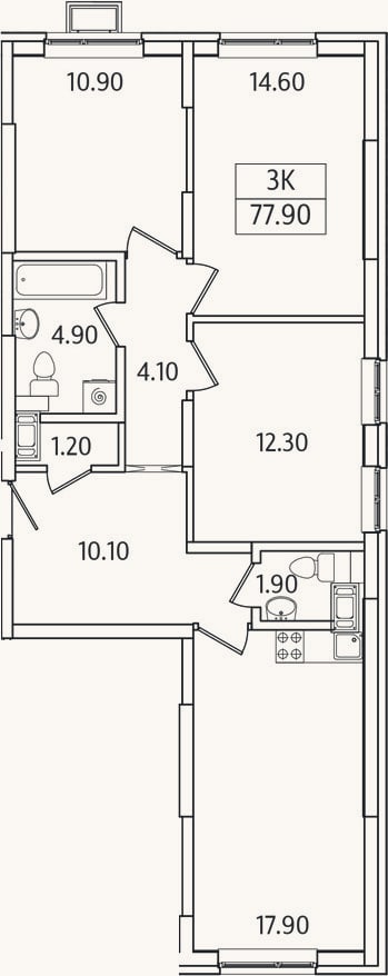 Планировка: 3-к, 77,9 м²