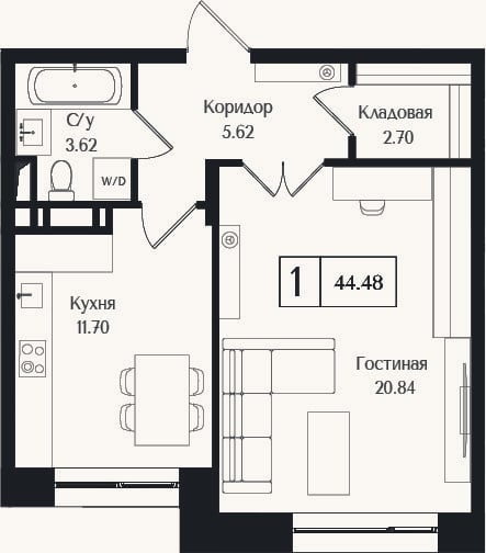 Планировка: 1-к, 44,5 м²