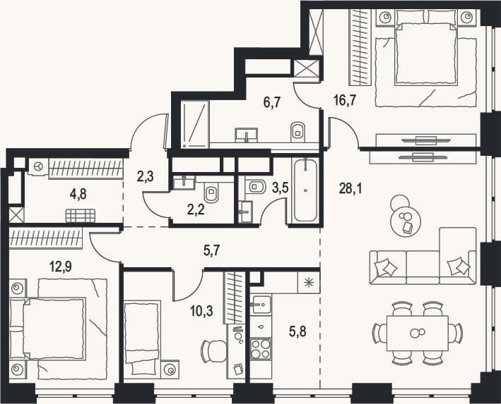 Планировка: 4+ к, 99 м²