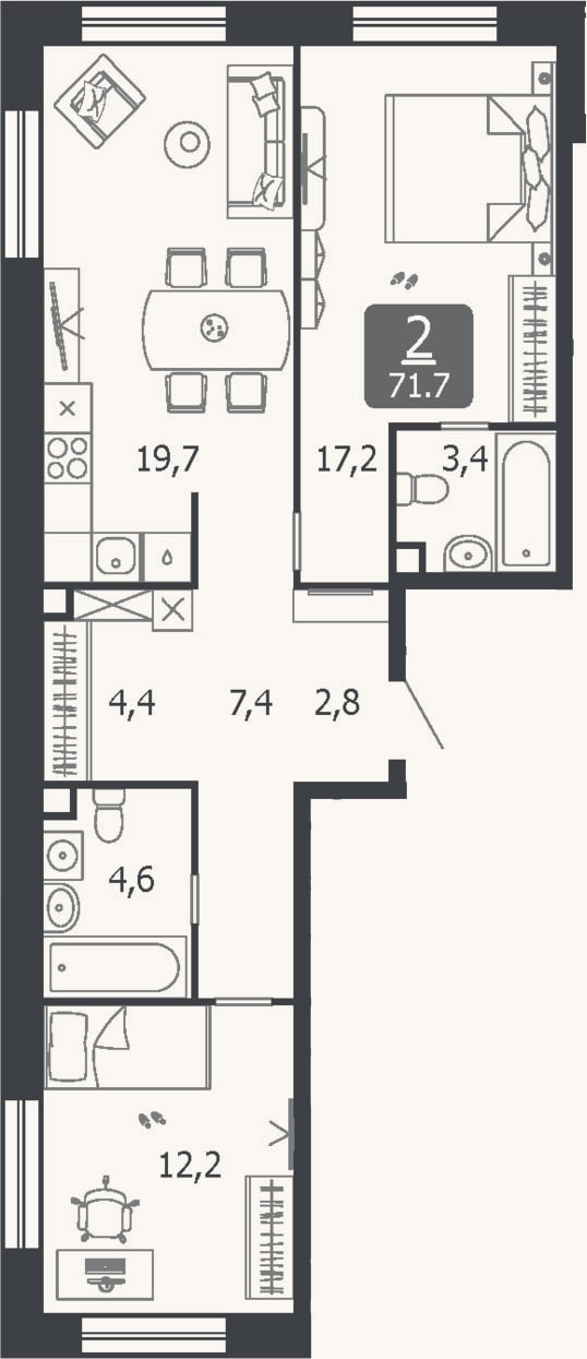 Планировка: 3-к, 71,7 м²