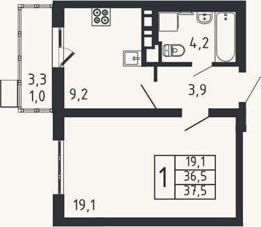 Планировка: 1-к, 36,4 м²