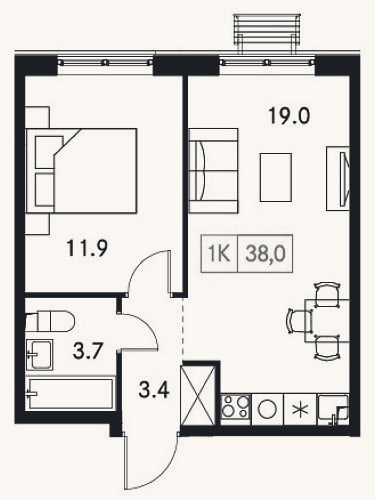 Планировка: 1-к, 38 м²