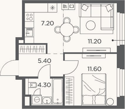 Планировка: 2-к, 39,7 м²
