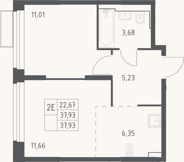 Планировка: 2-к, 37,9 м²