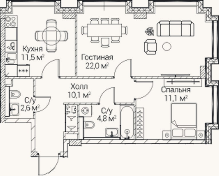 Планировка: 2-к, 61,7 м²