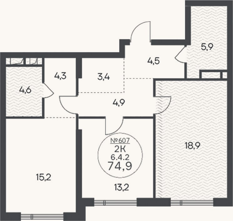 Планировка: 2-к, 74,9 м²