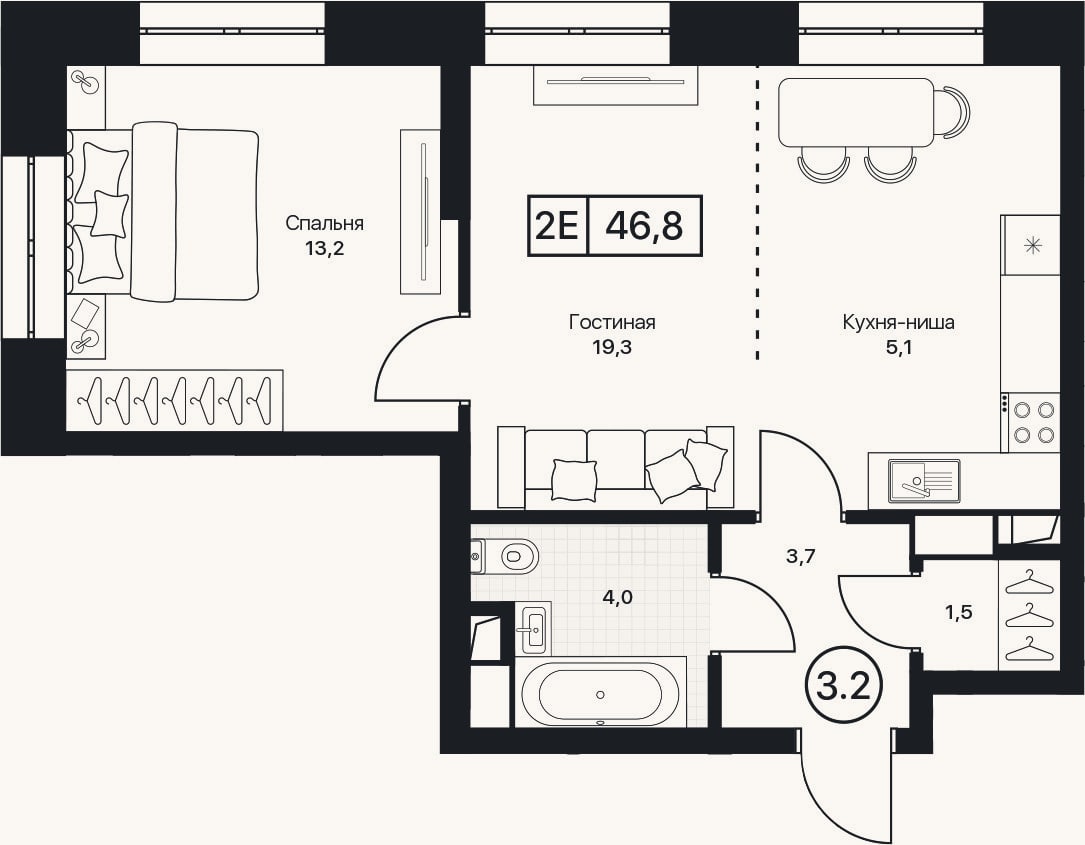 Планировка: 2-к, 46,8 м²