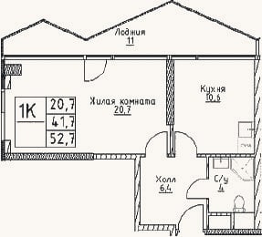 Планировка: 1-к, 41,7 м²