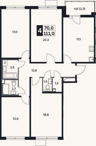 Планировка: 4+ к, 110,5 м²