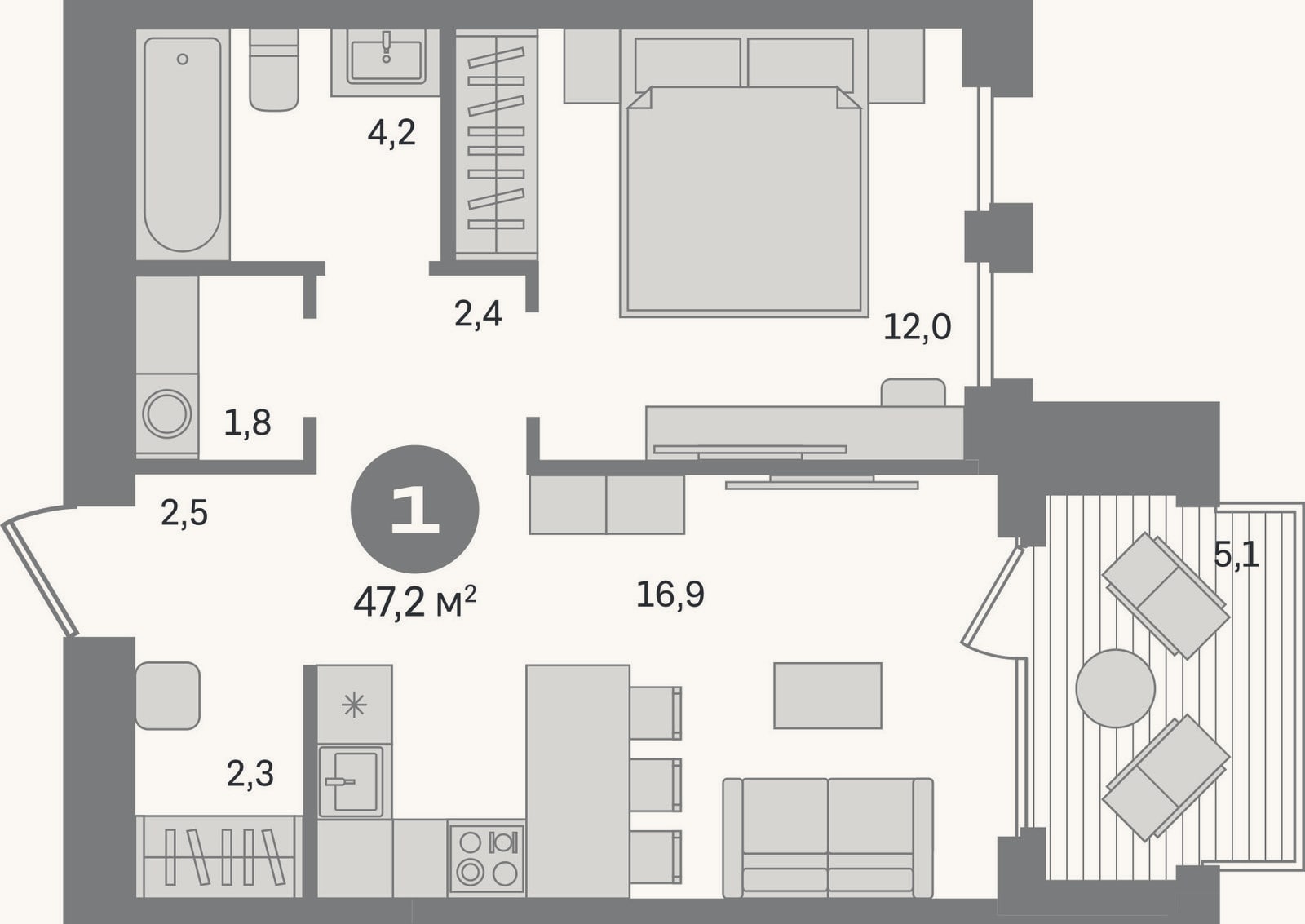 Планировка: 1-к, 42,1 м²