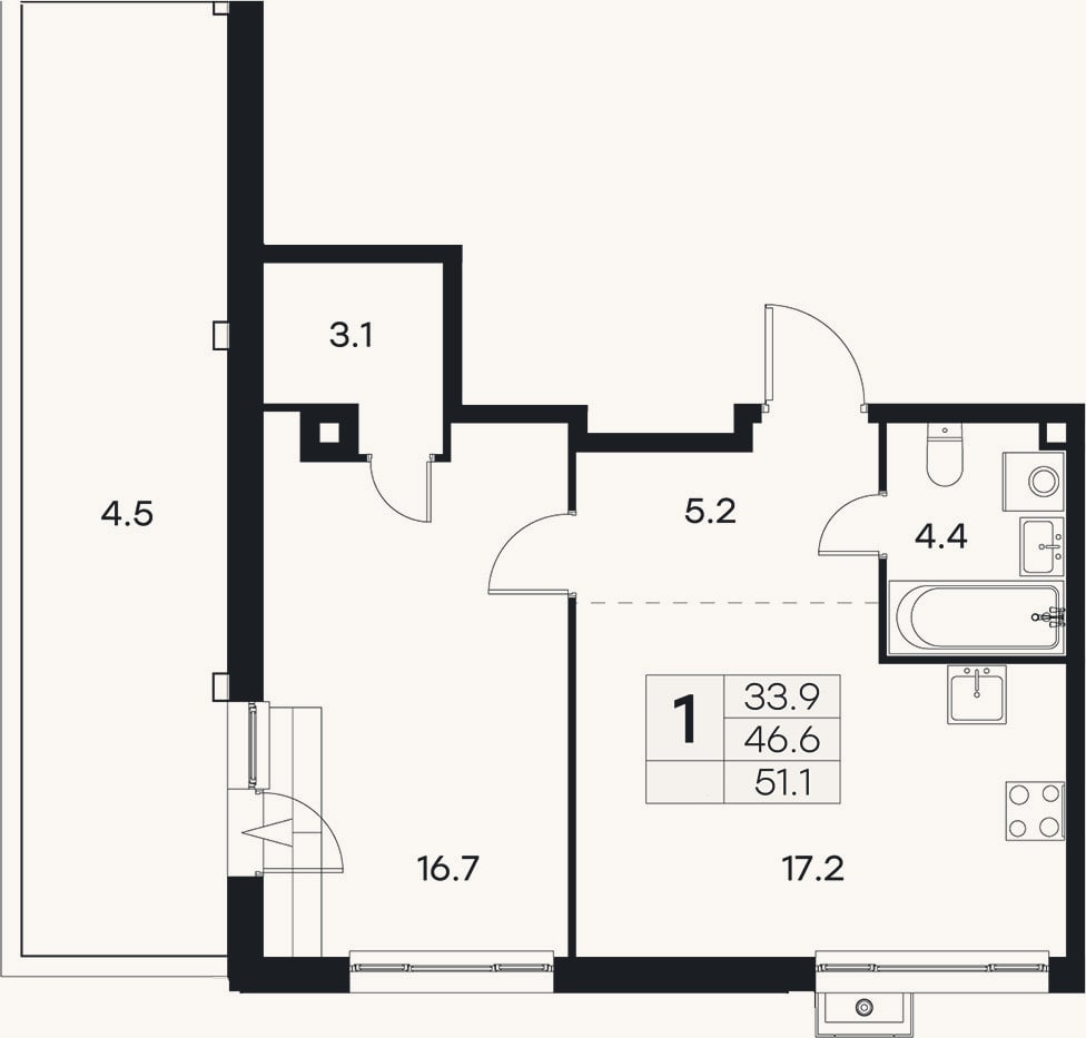 Планировка: 2-к, 46,6 м²