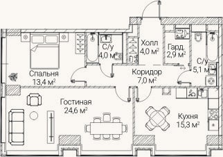 Планировка: 2-к, 76,2 м²