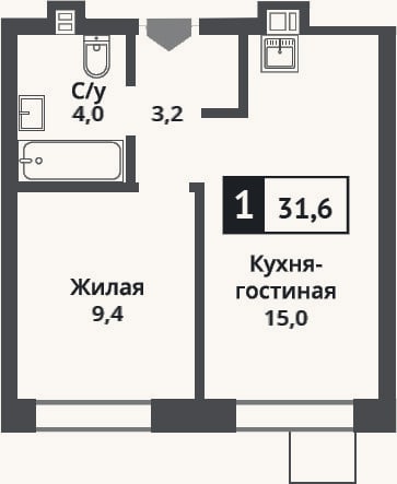 Планировка: 2-к, 31,6 м²