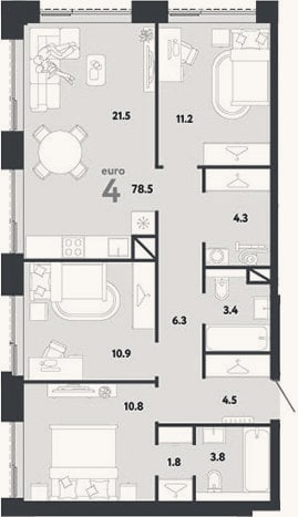 Планировка: 4+ к, 78,5 м²