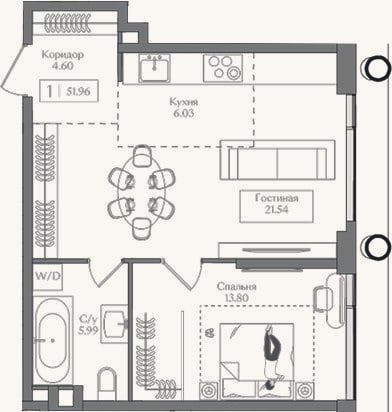 Планировка: 2-к, 52 м²
