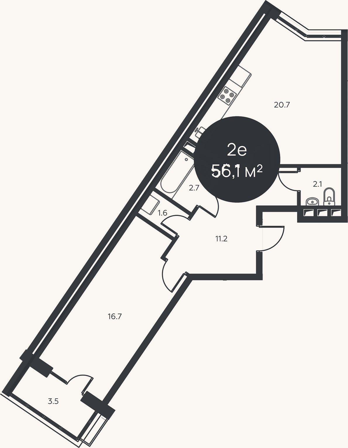 Планировка: 2-к, 55 м²