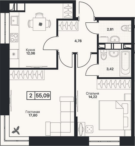 Планировка: 2-к, 55,1 м²