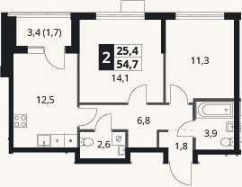 Планировка: 2-к, 53 м²
