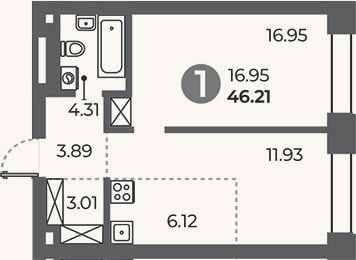 Планировка: 1-к, 46,2 м²
