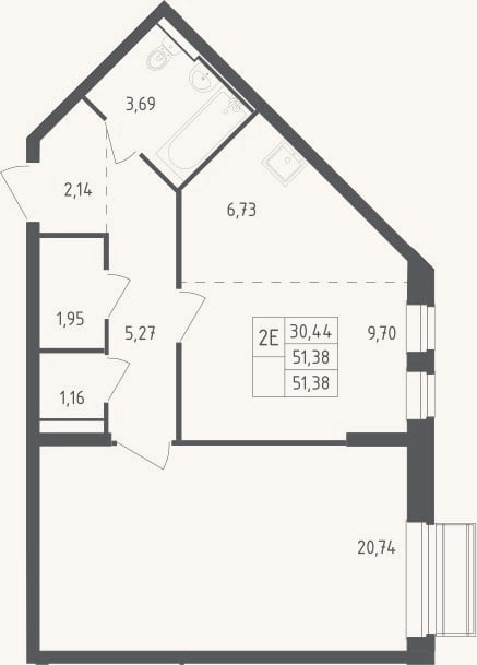 Планировка: 2-к, 51,4 м²