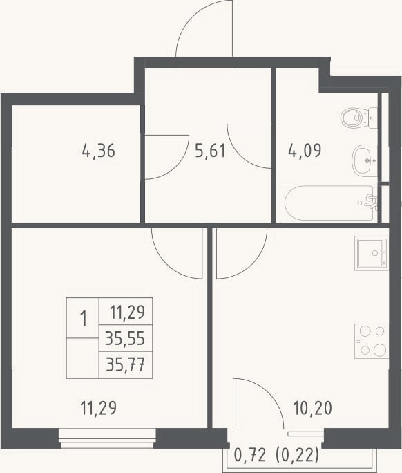 Планировка: 1-к, 35,6 м²