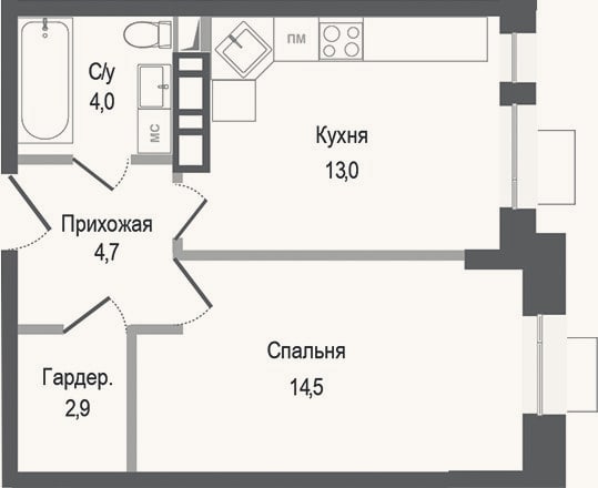 Планировка: 1-к, 39,1 м²