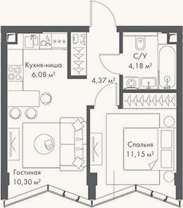 Планировка: 2-к, 36,1 м²