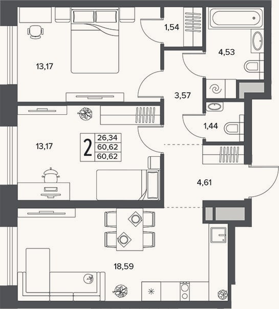 Планировка: 3-к, 60,6 м²