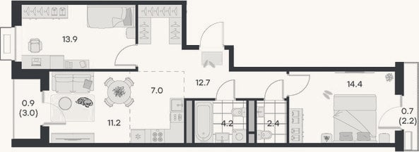 Планировка: 3-к, 65,8 м²