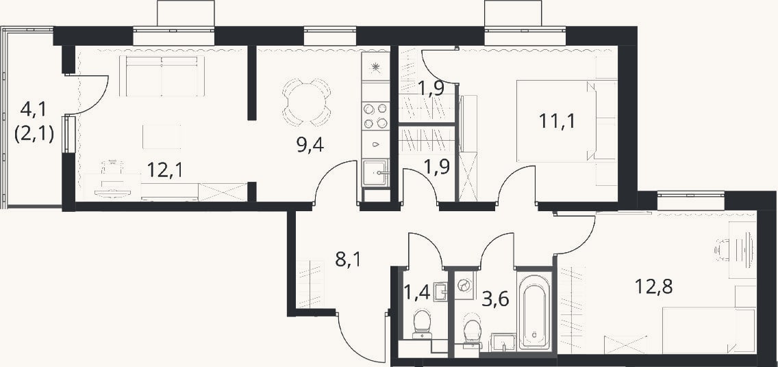 Планировка: 3-к, 62,3 м²