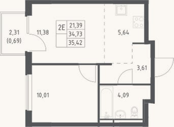 Планировка: 2-к, 34,7 м²