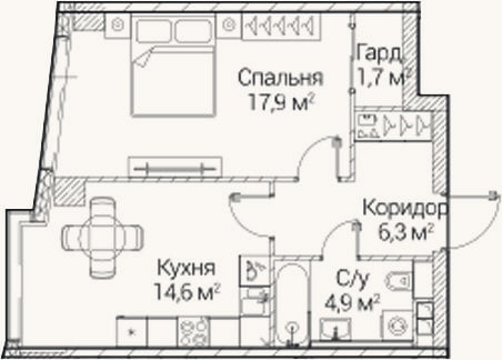 Планировка: 1-к, 46,2 м²