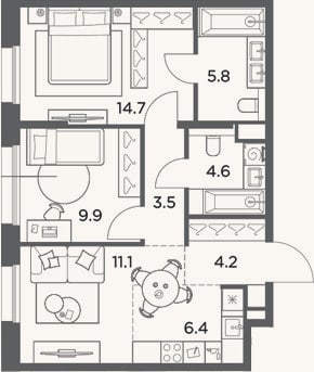 Планировка: 3-к, 60,2 м²