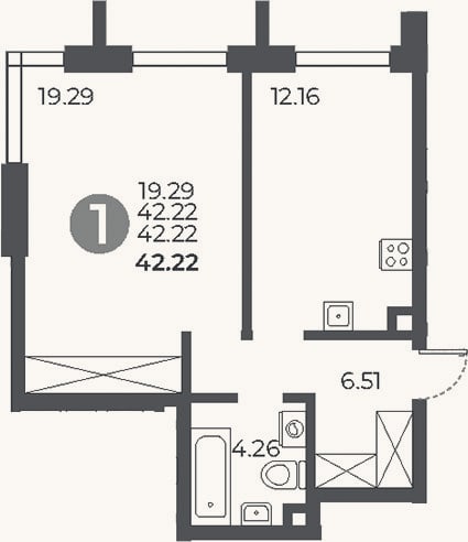 Планировка: 1-к, 42,2 м²