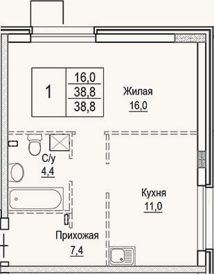 Планировка: 1-к, 38,8 м²