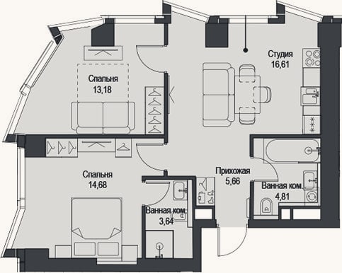 Планировка: 3-к, 58,6 м²