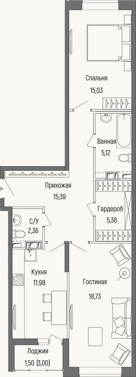 Планировка: 2-к, 74 м²
