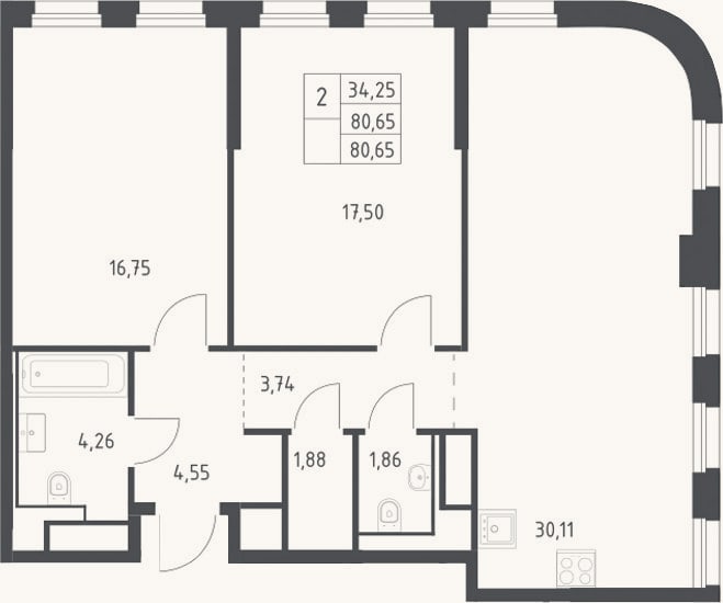 Планировка: 3-к, 80,7 м²