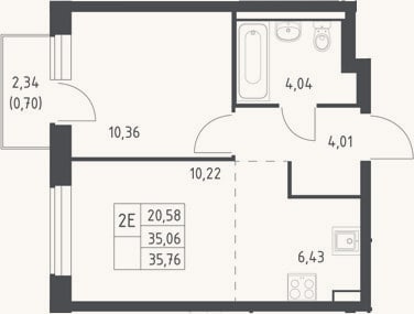 Планировка: 2-к, 35,1 м²