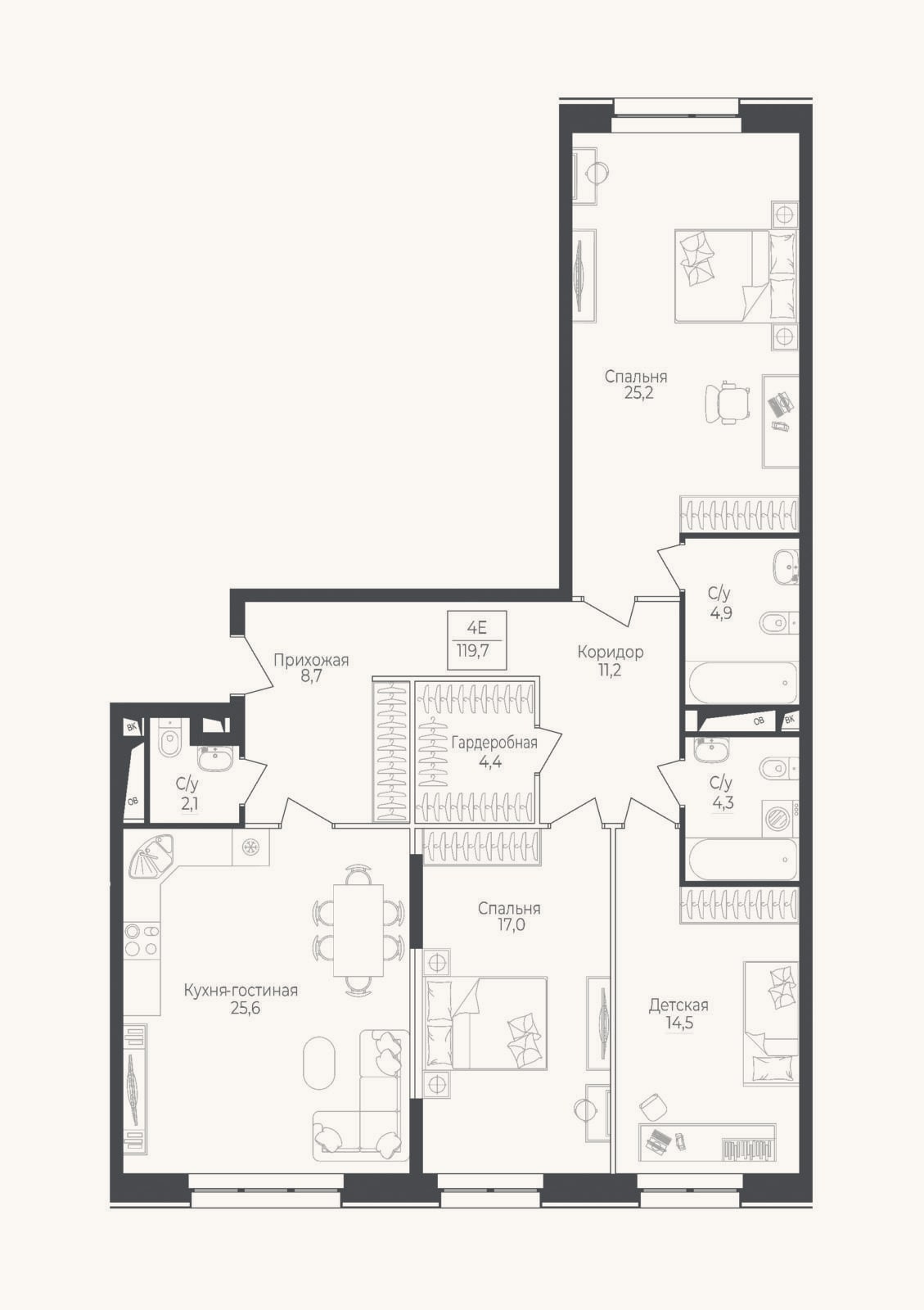 Планировка: 4+ к, 121,9 м²