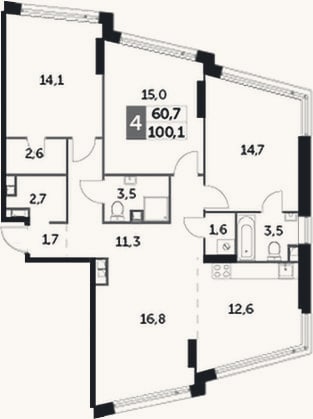 Планировка: 4+ к, 100,1 м²
